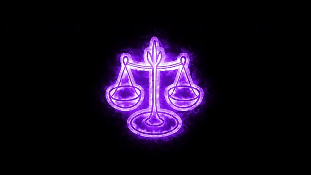 The Libra zodiac symbol, horoscope sign lighting effect purple neon glow. Royalty high-quality free stock of Libra signs isolated on black background. Horoscope, astrology icons with simple style