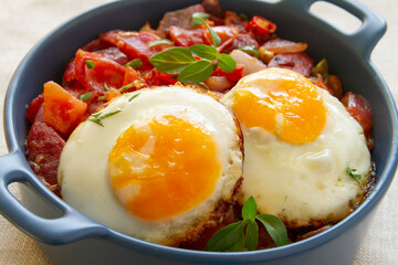 Chinese Sausage and eggs over rice close up. Chinese street food.