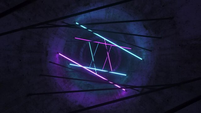 Flying in a concrete tunnel with neon lighting. Halogen lamps. Abstract background. Modern blue-violet light spectrum. 3d animation