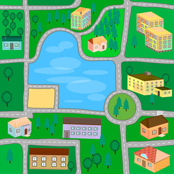 Cartoon map seamless pattern. roads, cars and houses . City map for children.