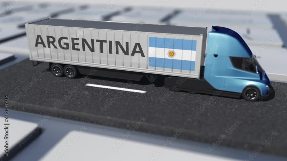 Aufkleber truck with flag of argentina moves on the keyboard key. export or import related looping 3d animatio