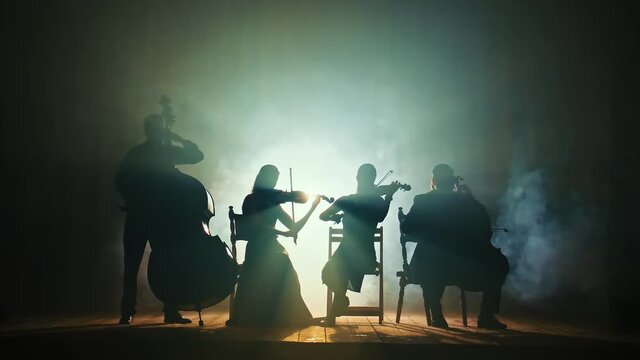 Silhouettes of musicians playing the violin, cello, double bass on the big stage of the concert hall