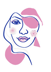 Surreal woman face portrait, line art. Fashion concept, woman beauty minimalist, contemporary portrait.