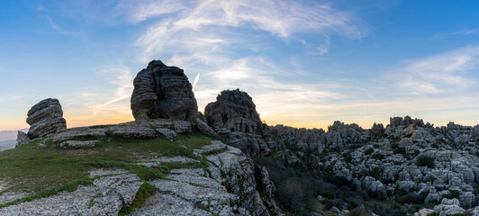 panorama view of the El Torcal Nature Reserve in Andalusia with ist strange karst rock formations at sunset