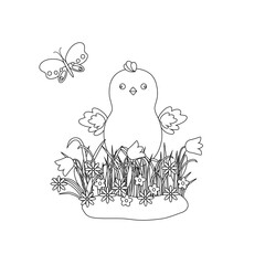 Easter floral composition with cute little chicken, early spring grass with flowers, outline vector illustration for coloring book, worksheet, spring festive time decor, cards, activities for children