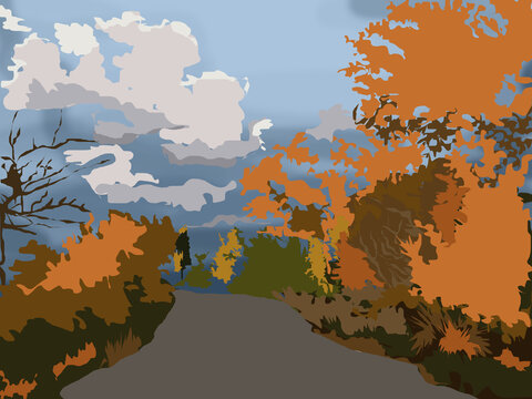 Strada tra gli alberi e siepi
