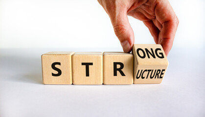 Strong structure symbol. Businessman turns a wooden cube with words 'strong structure'. Beautiful white background, copy space. Business and strong structure concept.