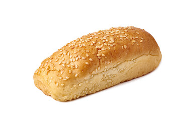 Bun for hot dogs with sesame seeds on white