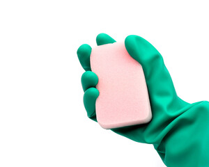 man hand in rubber glove with sponge isolated on white background.