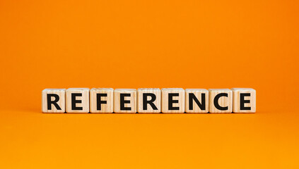Reference symbol. Wooden cubes with the word 'reference'. Beautiful orange background. Business and reference concept. Copy space. - obrazy, fototapety, plakaty