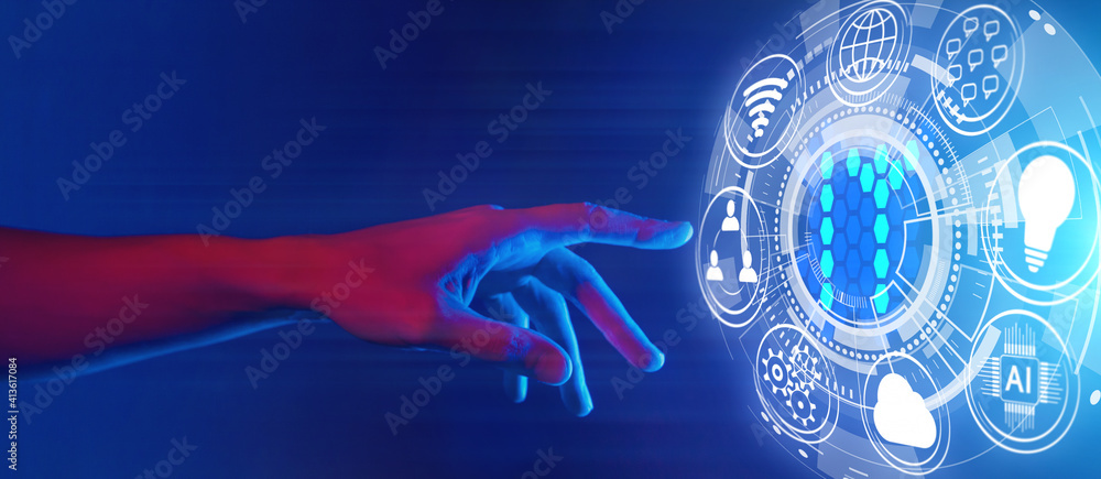 Poster digital transformation banner, information technology (it) concept, hand touching it-button inscript