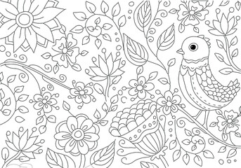 Hand drawing coloring for kids and adults. Beautiful drawings with patterns and small details. Coloring pictures with bird in blooming tree branch, flowers. Vector