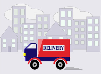 Fototapeta na wymiar Delivery truck on city background - vector illustration