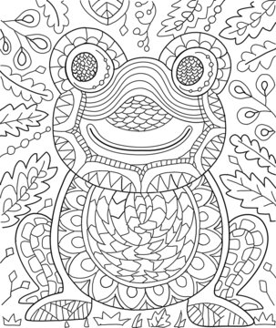 Hand drawing coloring for kids and adults. Beautiful drawings with patterns and small details. Coloring pictures with frog, tree branch, leaves. Vector