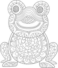 Happy Frog. Hand drawing coloring for kids and adults. Beautiful drawings with patterns and small details. Coloring book pictures with animals. Vector