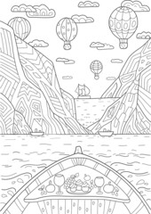 Hand drawing coloring page for kids and adults. Wild nature, sea, mountains, air balloons and boat. Romantic dinner. Beautiful drawing with patterns and small details. Coloring pictures. Vector