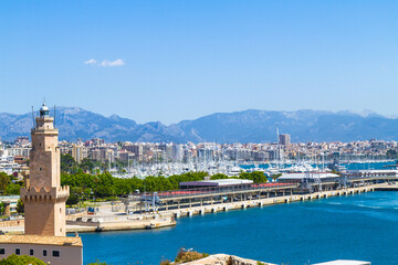 Naklejka na ściany i meble Palma de Mallorca marina skyline view with moored luxury yachts.
