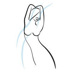 Line art. Beauty Naked Woman Takes Shower. Vector Illustration, hand drawing