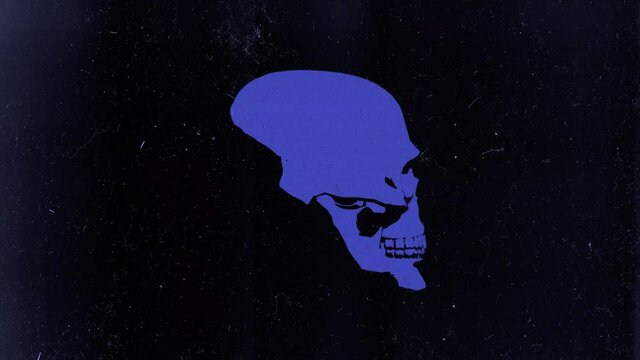 Blue rotating human skull on black background. PHOTOCOPY paper texture look. Noise and scratches. Looping 3d animation.