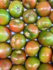 Tomates verdes en un expositor del mercado listos para su venta
