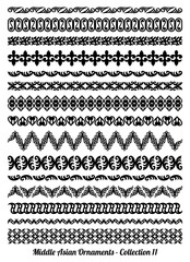 Set of 15 vector repeatable borders, dividers and frames of Kazakh, Kyrgiz and Uzbek national Muslim Islamic ornament in black and white colors.