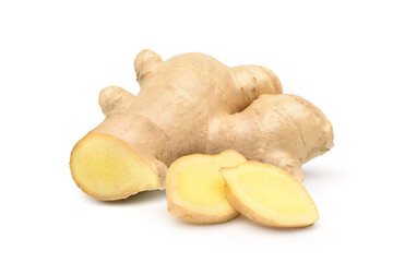 Fresh ginger rhizome with sliced  isolated on white background.