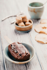 Ice cream popsicle cake. Chocolate cake in the form of ice cream on a stick.