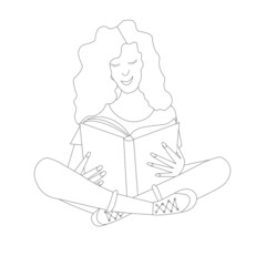 Girl reading book sitting monochrome art design element object isolated stock vector illustration for web, for print