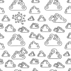 Cute pattern of clouds and sun. Drawn in the Doodle style. Background for textiles, cards, covers and postters. Vector EPS 10