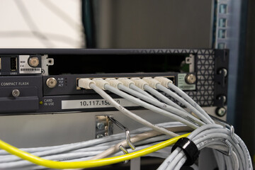 Network cable and switch, data center in server room.