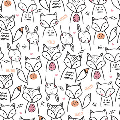 Doodle cute foxs seamless pattern. Hand drawn. Black and white background design for, wrapping, printing, fabric, clothing and textile. Vector illustration