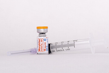 Vial of Morphine 10mg/1ml for use in pain managment, historicaly used in chest pain 