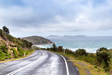 Australian landscape with bush, ocean coastline and blue sky
