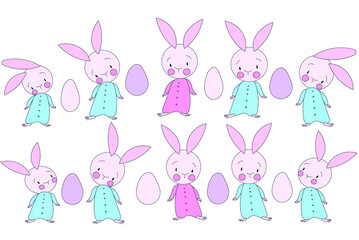 Ten cute Easter bunnies and eight eggs