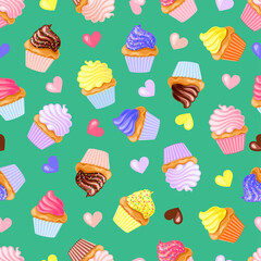 chocolate, vanilla, lemon and pink strawberry cupcakes with hearts and sprinkles on green background. Seamless pattern. Texture for fabric, wrapping, wallpaper. Decorative print.