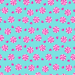 seamless pattern of pink candies on blue background.Texture for fabric, wrapping, wallpaper. Decorative print. 