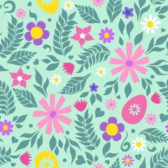 Abwaschbare Fototapete Easter eggs, leaves and flowers, spring background. Seamless pattern. Pattern for fabric, wrapping, wallpaper. Decorative print. © svetlanasmirnova