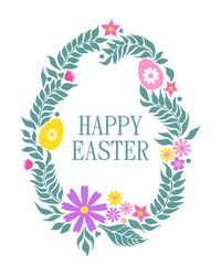 Fototapeta na wymiar Easter greeting card. Easter eggs, leaves and flowers. Inscription Happy Easter on white background