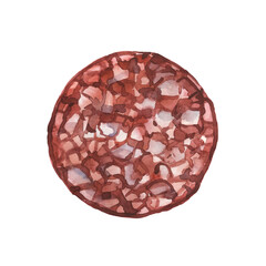 round smoked salami slice, pork sausage for breakfast, delicious food, menu design, color illustration, isolated on a white background in watercolor technique and hand drawn style