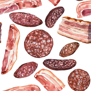 seamless pattern, bacon, ham, sausage, pork meat for breakfast, delicious food, menu design, color illustration isolated on a white background in watercolor technique and hand drawn style