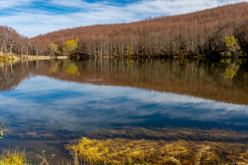 Colorful panoramic view of Lake Baccio, among the Apennine mountains in central Italy