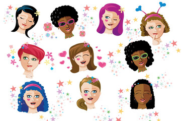 Women making different facial expressions