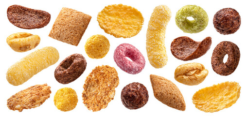 Different types of breakfast cereals isolated on white background