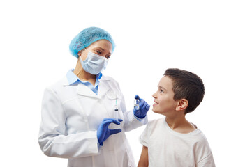 Little boy looking at a smiling doctor in medical mask with vaccine vial and syringe on hands. Copy space