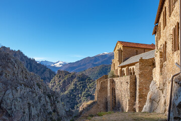 Fototapeta na wymiar View on the Pyrenean mountains from the Abbey of Saint-Martin-du-Canigou