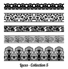 Collection of 5 elegant vintage style fabric embroidered laces. Vector stock illustration. black on white background, isolated.