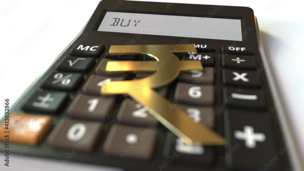 Poster rupee money symbol on the keys and buy text on calculator display, conceptual 3d animation