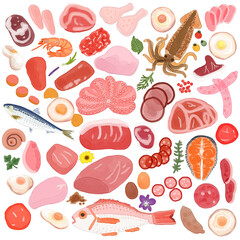 肉と魚と卵と香草の置き画 Knolling　背景イラスト
