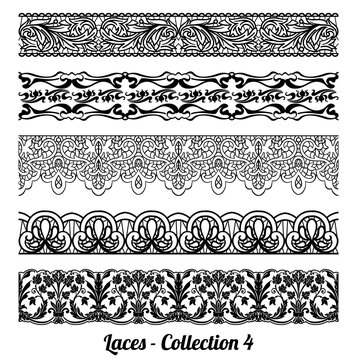 Set of 5 elegant vintage style fabric embroidered laces. Vector stock illustration. black on white background, isolated.