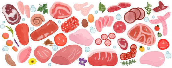 色々な種類の生肉と香草の背景イラスト
Knolling